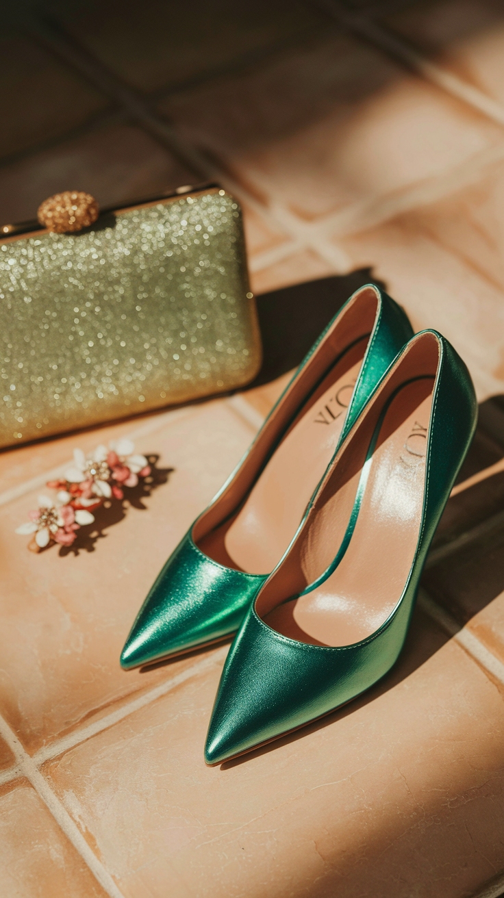 Chic Outfits Featuring Metallic Green Heels outfit idea
