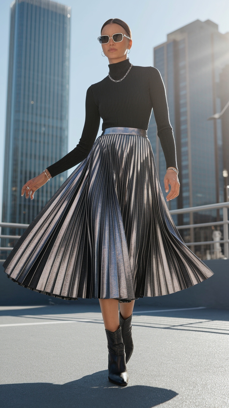 Elevate Your Wardrobe with a Metallic Pleated Skirt outfit idea