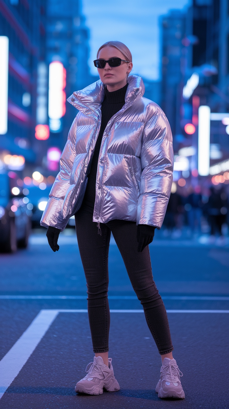 Must-Have Metallic Puffer Jacket for Cold Weather outfit idea