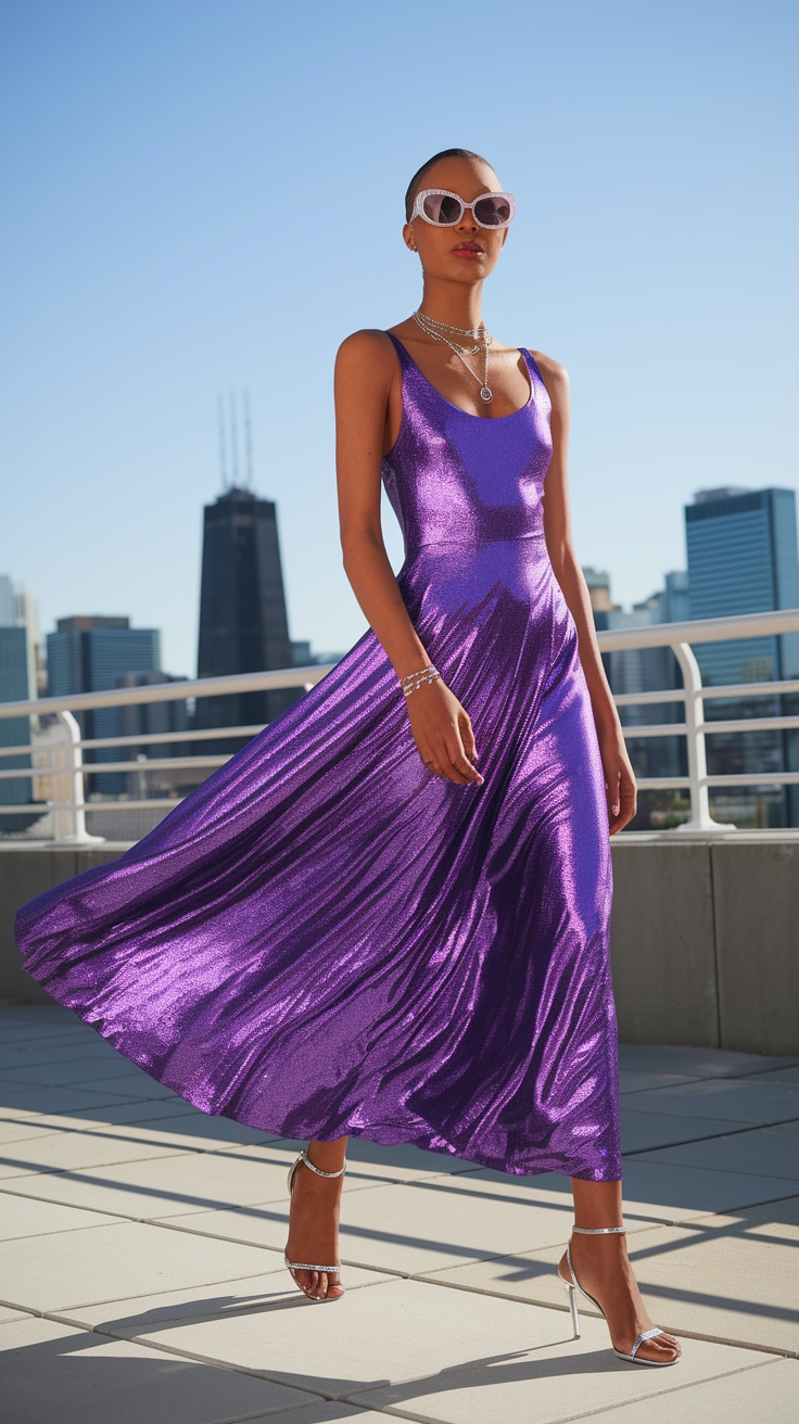 Purple Metallic Dress: Shine Bright at Any Event outfit idea