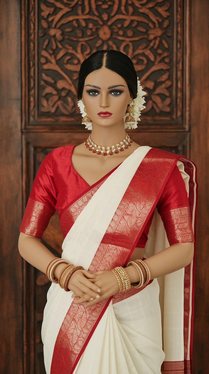 Pairing a Red Blouse with Kerala Saree for Festivities outfit idea