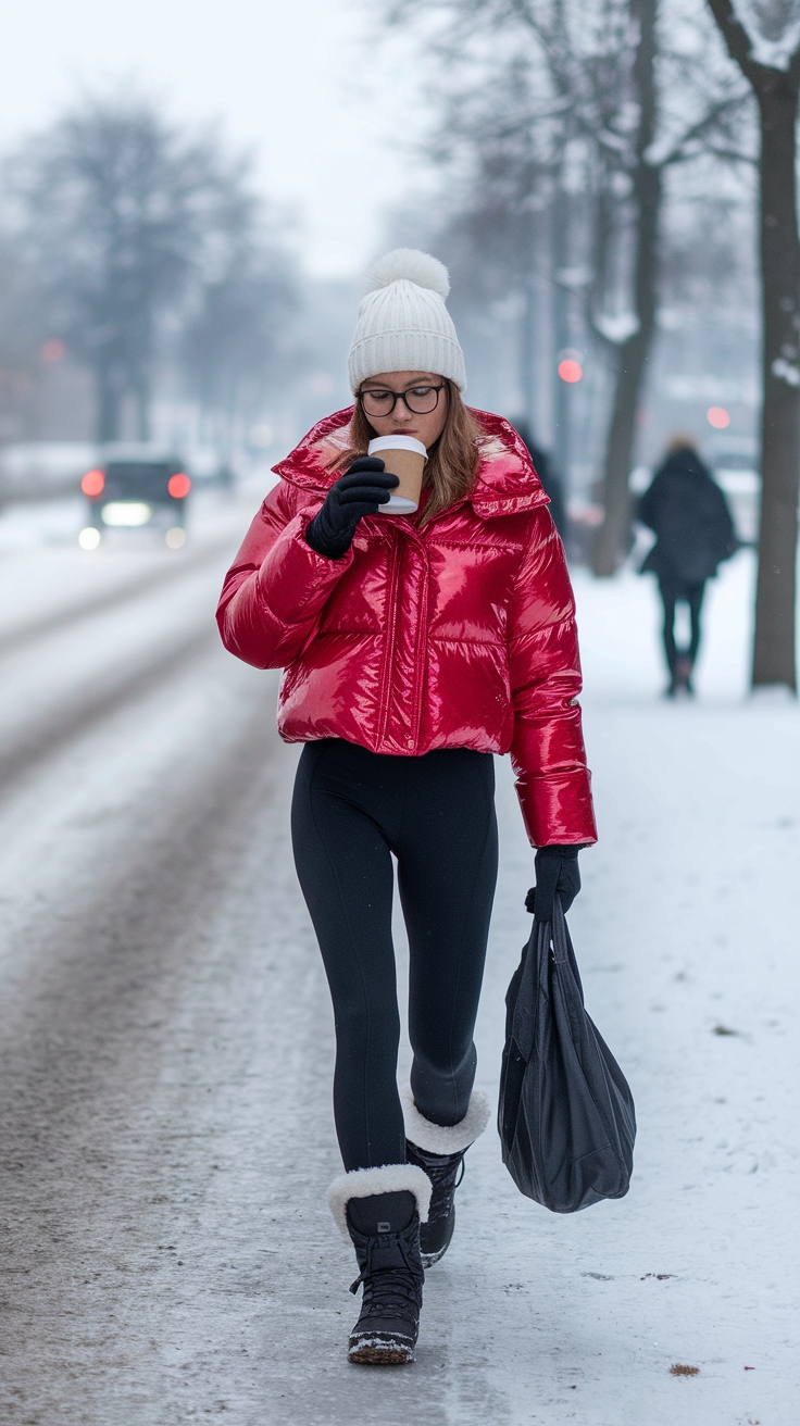 Cozy Red Puffer Jacket Outfit for Winter Fashion outfit idea