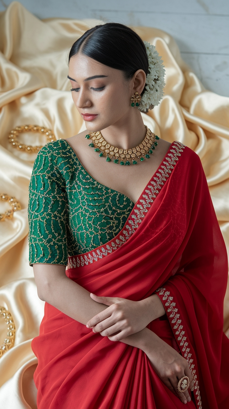 Glamorous Red Saree and Green Blouse Combinations outfit idea