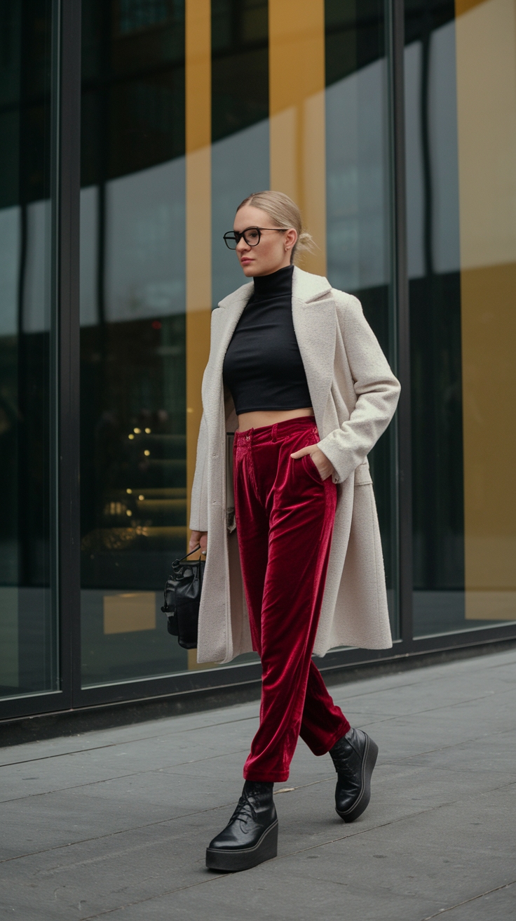 Trendy Red Velvet Trousers Outfit Combinations outfit idea
