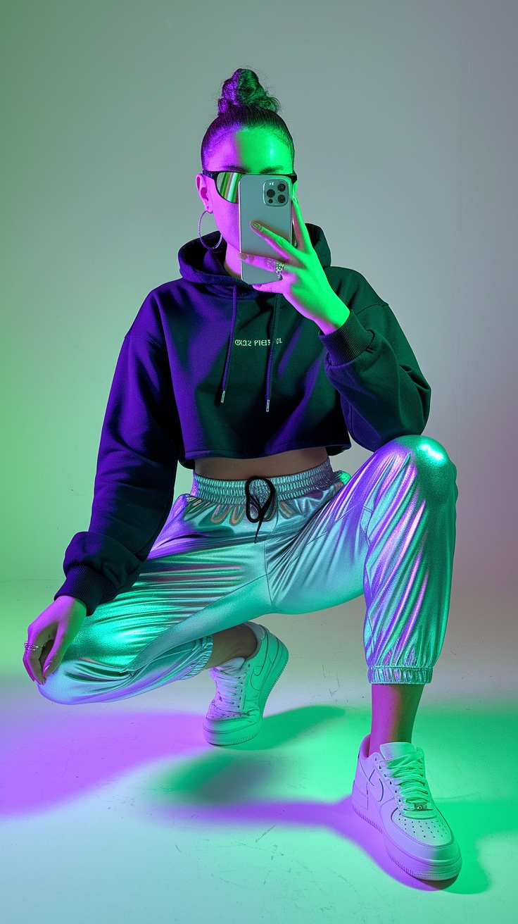 Elevate Your Style with Silver Metallic Joggers Outfit outfit idea