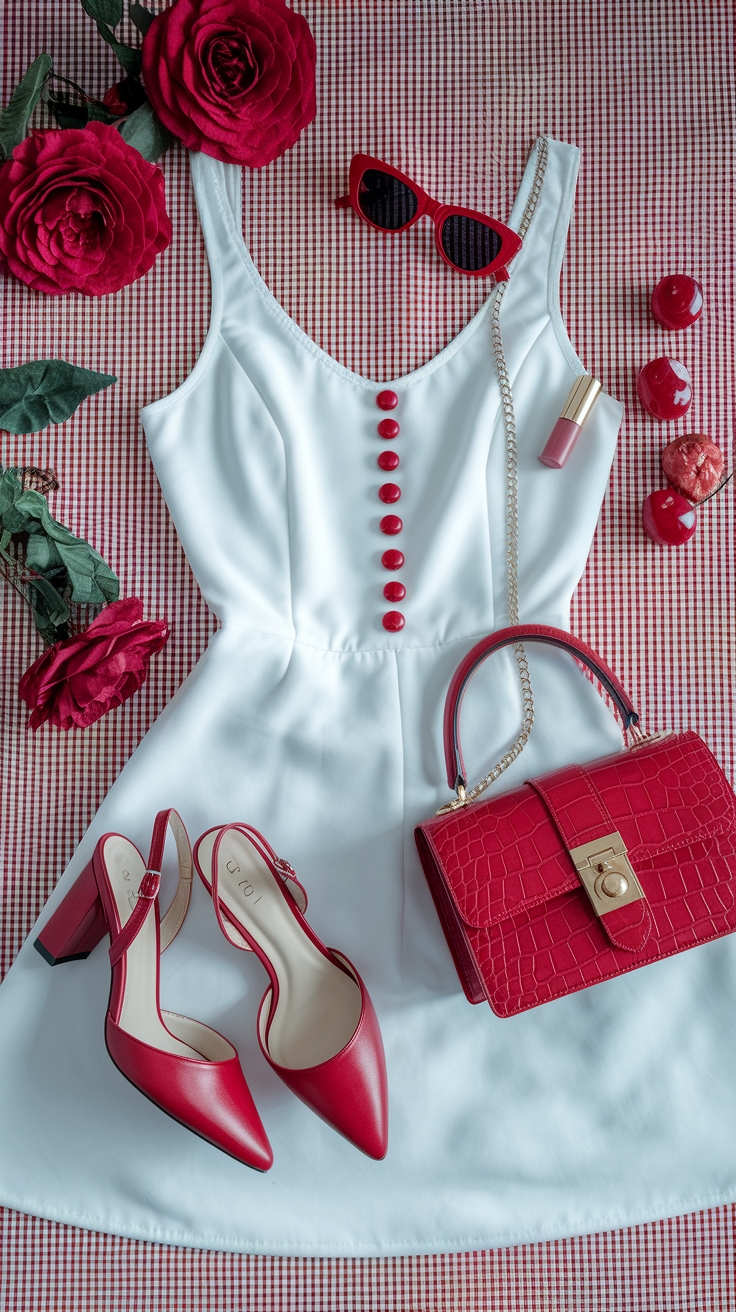 Styling White Dress with Red Accessories Effortlessly outfit idea