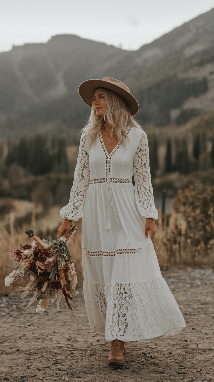 Chic White Lace Maxi Dress Boho Long Sleeve OOEYQ outfit idea