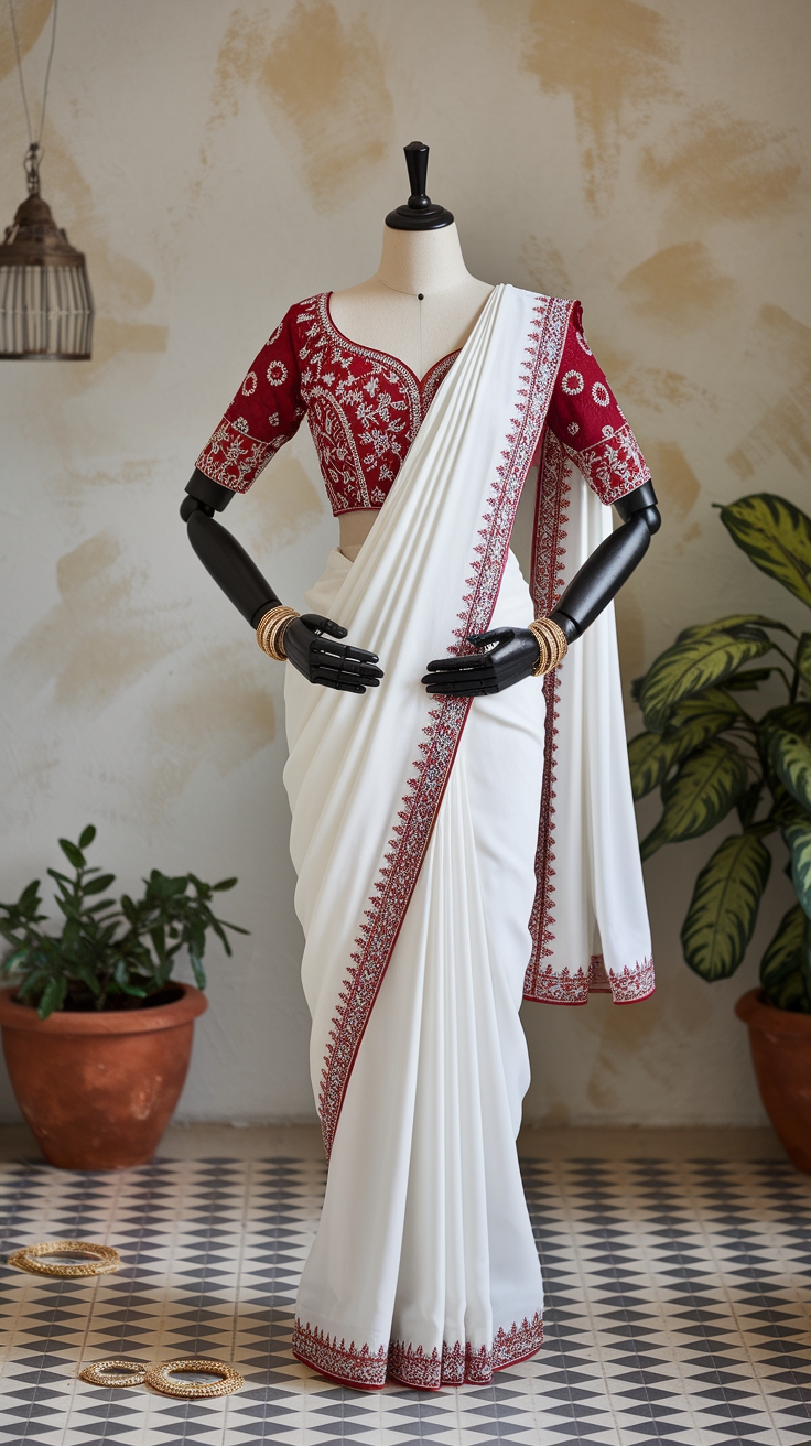 Glamorous White Saree with Red Blouse Combinations outfit idea